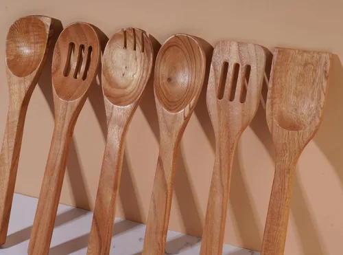 Miniatura 9 de Ajuny Juego de utensilios de cocina de madera, 6 cucharas y espátulas de madera, utensilios de cocina no tóxicos, seguros para sartén antiadherente