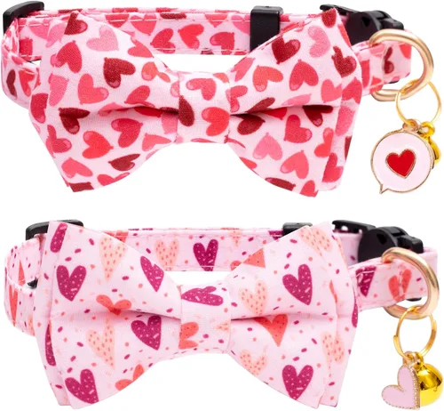 Miniatura 12 de Faygarsle Paquete de 2 collares navideños para gatos con pajarita, collar de invierno rosa y verde para niños y niñas Arco grande verde y rosa