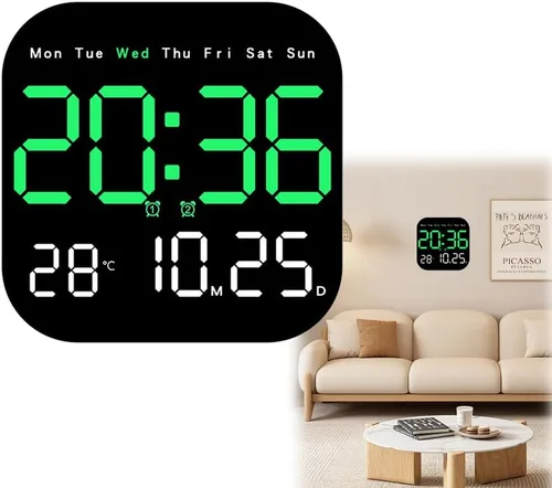 Reloj de pared digital con pantalla grande 2026 | Reloj despertador LED con control remoto, temperatura, día calendario, brillo regulable,