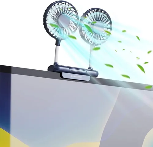 Miniatura 10 de Ventilador de monitor con 2 cabezales giratorios, 3 velocidades, abrazadera resistente, ventilador de refrigeración alimentado por USB para Blanco