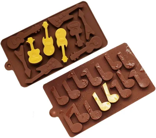 Juego de 2 moldes para guitarra y notas musicales, moldes para instrumentos musicales, molde de silicona para chocolate, gelatina, cubitos de hielo,