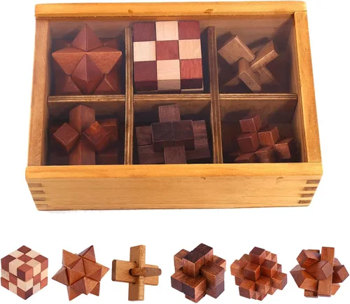 Miniatura 10 de VolksRose 12 piezas de rompecabezas de madera para ejercitar el cerebro, juegos de rompecabezas de desafío de coeficiente intelectual, juguete