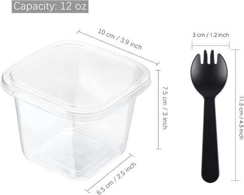 Miniatura 2 de TOFLEN 50 tazas cuadradas de plástico para postres de 12 onzas con tapas y tenedores, vasos de plástico transparente para yogur, parfait para pudín