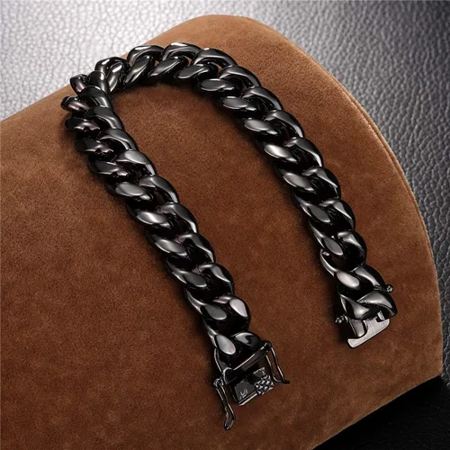 Miniatura 2 de ROWIN&CO Pulsera de cadena cubana Miami de acero inoxidable, negrooro de 18 quilatesarco iris, sin níquel, pulsera gruesa para hombresmujeres