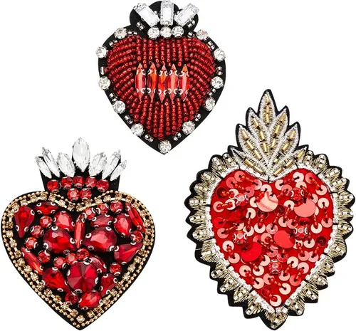 INFUNLY 3 piezas de parches de cuentas de diamantes de imitación de corazón de cristal rojo, parches decorativos hechos a mano con apliques