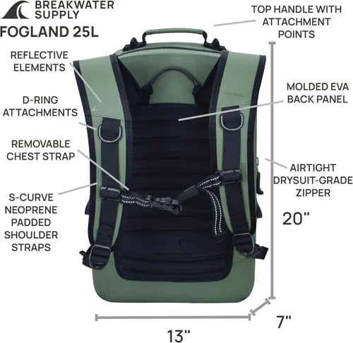 Miniatura 5 de Breakwater Supply™ Mochila impermeable IP68 sumergible con cierres herméticos Para portátil, viajes al aire libre Fogland 25L 20L 15L, 25 L