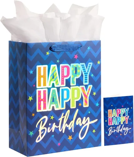 Miniatura 8 de SUNCOLOR Paquete de 2 bolsas de regalo grandes de 13 pulgadas con papel de seda para él, feliz cumpleaños, bolsas de papel ecológicas con asas