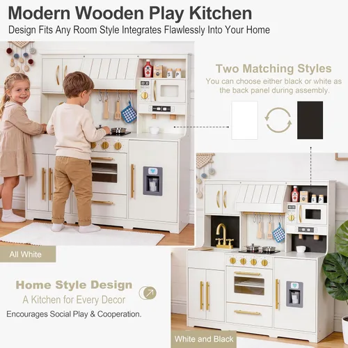 Miniatura 5 de inFUNSAME Cocina de madera para niños con luces, sonido, máquina de hielo y 19 accesorios, juego de cocina todo en uno con fregadero, horno