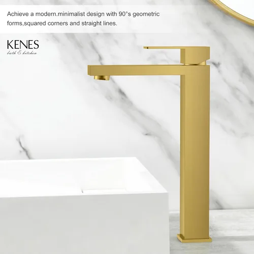 Miniatura 8 de KENES Grifo de Baño Alto de Oro Cepillado, Grifo de Lavabo de Una Sola Manija para Lavabo de Recipiente, Grifo de Baño de Tocador Dorado con Líneas