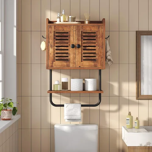 Miniatura 8 de HOOBRO Botiquín de baño, gabinete de pared para baño de doble puerta con toallero, estante ajustable, 2 ganchos, gabinete de almacenamiento sobre
