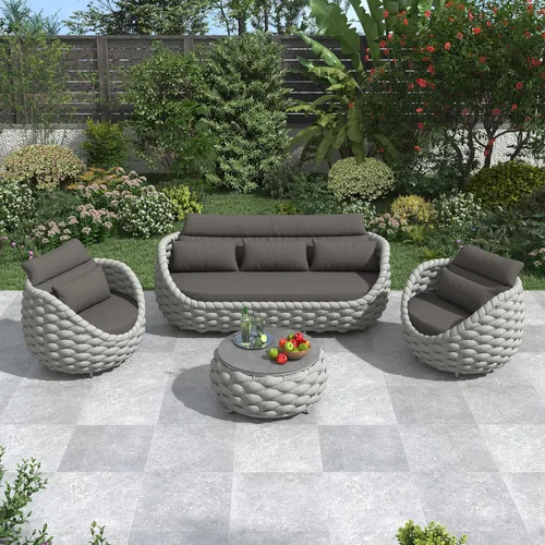 Juego de muebles de patio de cuerda de 4 piezas: conjunto de sofás al aire libre de aluminio acolchado - sofá de conversación moderno ensamblado -