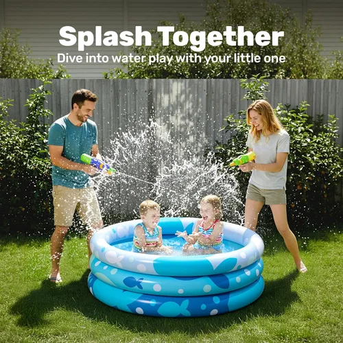 Miniatura 3 de Sloosh Piscina inflable para niños, piscina inflable de 34 x 10 pulgadas, 3 anillos azules para bebés, hoyo de juego para perros
