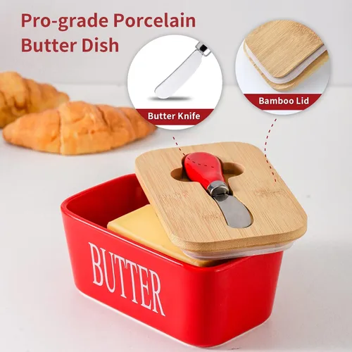 Miniatura 7 de Hasense Mantequillera de porcelana con tapa de bambú - Mantequillera cubierta con cuchillo de mantequilla para encimera, recipiente hermético de Rojo