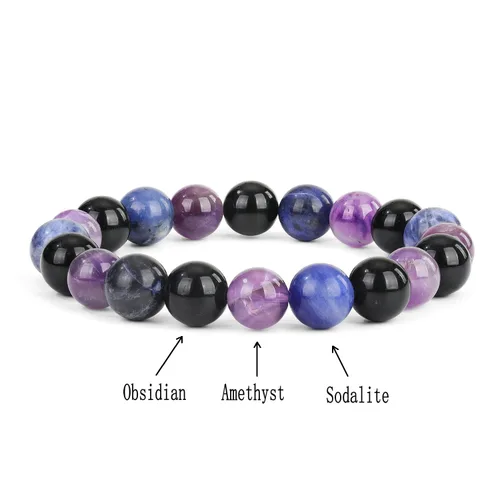 Miniatura 12 de Crystal Vibe Triple Protection Bracelet - 10mm Bead Bracelet for women men With Natural Stones of Tiger Eye Hematite and Black Obsidian - Healing