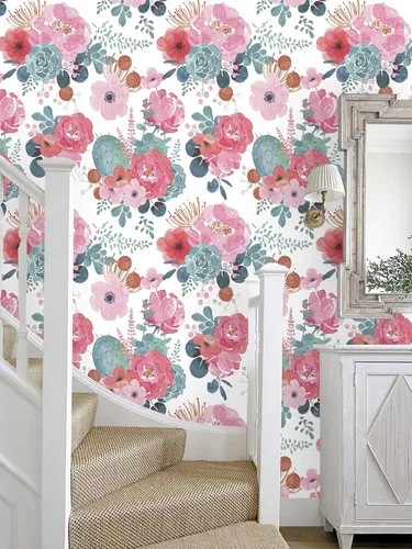 Miniatura 4 de HAOKHOME - Papel pintado floral para despegar y pegar, acuarela, cactus, blanco/rosa/verde/azul marino, vinilo autoadhesivo, papel de contacto