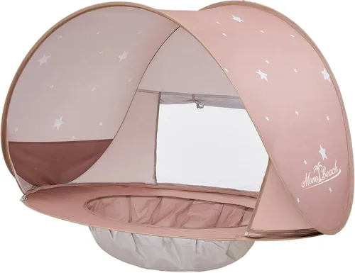 Monobeach Tienda de campaña de playa para bebés con piscina: tienda de campaña desplegable con estrellas marrones para niños pequeños, refugio