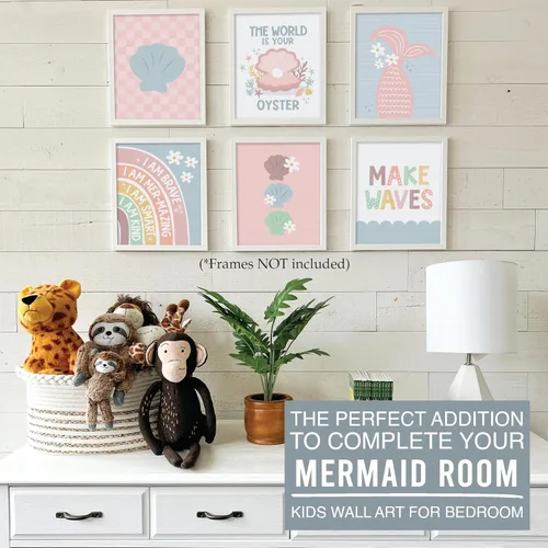 Miniatura 3 de Hadley Designs 6 decoraciones de sirena para habitación de niñas, arte de pared de sirena para dormitorio y baño, impresiones sin marco bajo el mar
