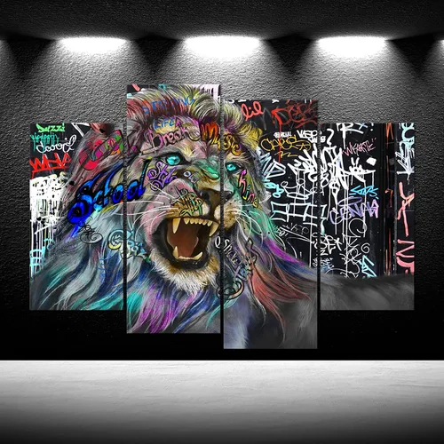 Miniatura 2 de Cuadro de 4 paneles de graffiti en lienzo de animales para decoración de pared, arte abstracto del rey león, lienzo enmarcado en blanco y negro