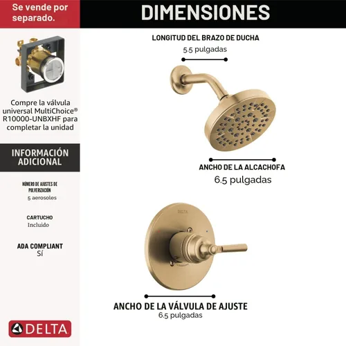 Miniatura 3 de Delta Saylor - Juego de grifo de ducha serie 14 de 5 ajustes, juego de cabezal de ducha y mango de oro cepillado, kit de moldura de válvula, bronce