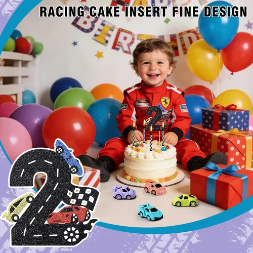 Miniatura 5 de Decoración para tartas de auto de carreras, 15 piezas, decoración de cumpleaños de autos de carreras, velas de cumpleaños falg a cuadros