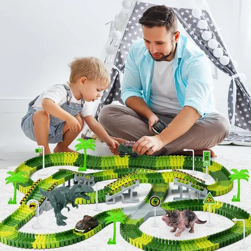 Miniatura 7 de Juguetes de dinosaurio, crea una carrera de carretera mundial de dinosaurios, juego de pista flexible y 2 piezas de autos de dinosaurio geniales
