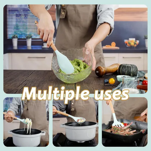 Miniatura 6 de QMVESS Juego de utensilios de cocina de silicona, 35 piezas, antiadherentes, aislamiento resistente, mango de madera, accesorios de cocina