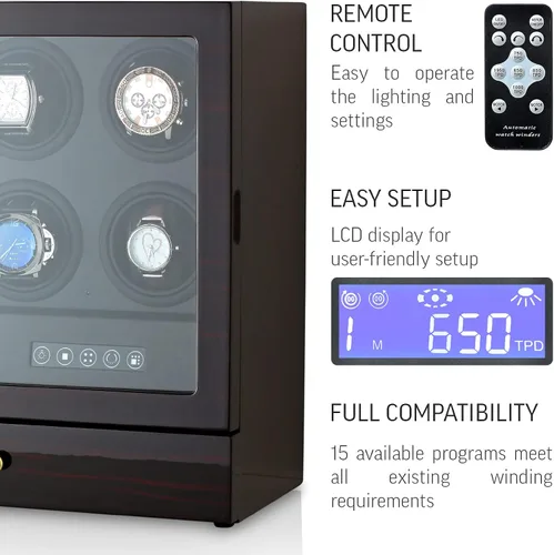 Miniatura 5 de Enrollador de reloj para relojes automáticos con cajón de almacenamiento, luz LED, pantalla LCD y control remoto (ébano + negro), Ébano + Negro