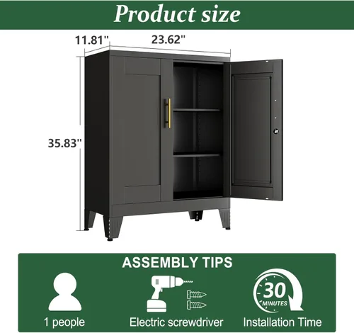 Miniatura 3 de Gabinete de Almacenamiento de Metal Negro, Gabinete de Almacenamiento Alto de 36" con Cerradura y 2 Estantes Ajustables, Organizador de Casillero
