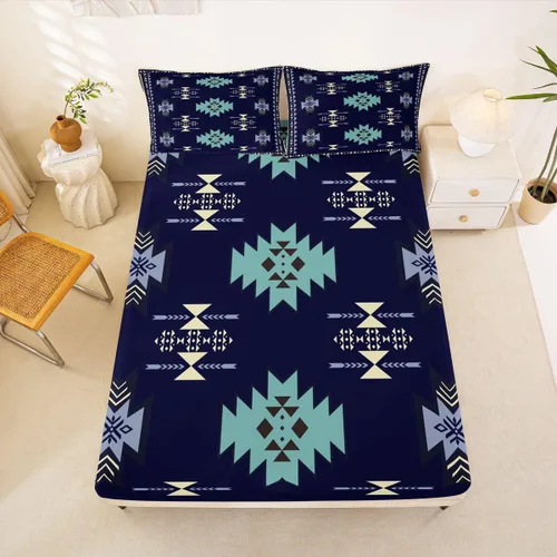 Miniatura 33 de Juego de ropa de cama occidental tamaño individual, sábanas aztecas, estilo nórdico exótico, bohemio, sábana bajera ajustable de tribu india