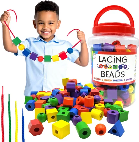 Cuentas de madera con cordones para niños pequeños de 1-3 y 3-5 – 125 piezas con bañera de almacenamiento | Cuentas de cuerda para niños pequeños de