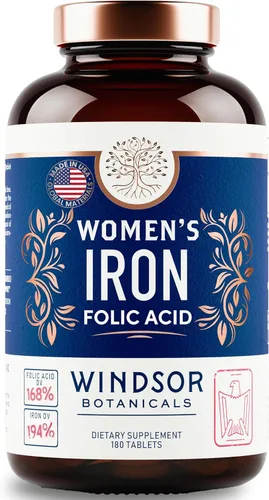 Miniatura 8 de Suplemento de hierro para mujeres con ácido fólico, suministro de píldoras de hierro para mujeres de Windsor Botanicals, anemia, período, apoyo al