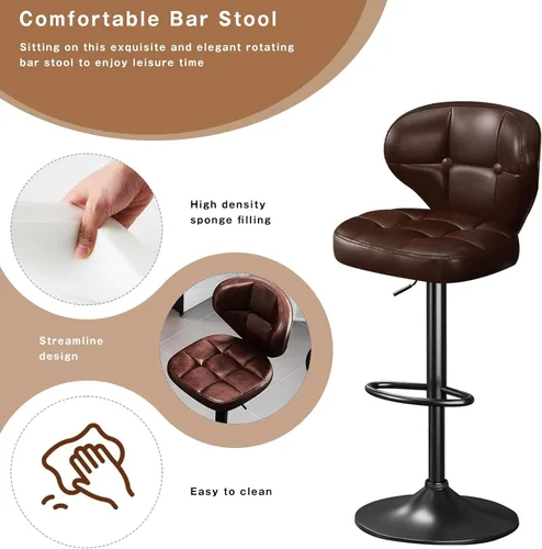 Miniatura 3 de Juego de 2 taburetes de bar, taburetes de bar giratorios ajustables, moderna silla de bar tapizada de piel sintética con respaldo y reposapiés