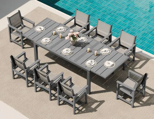Miniatura 58 de SERWALL Juego de comedor para exteriores de 9 piezas, mesa de comedor expandible de 60 a 83 pulgadas y 8 sillas de polietileno de alta densidad