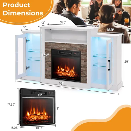 Miniatura 7 de Tangkula - Soporte de TV para chimenea eléctrica, chimenea eléctrica con repisa con luces LED de 16 colores, estantes de vidrio ajustables, control
