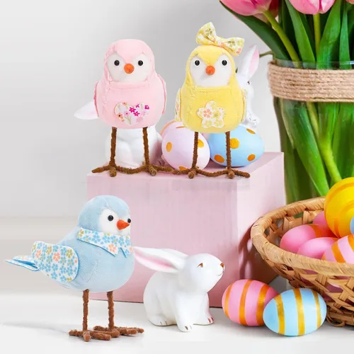 Miniatura 4 de Muñecos de pájaros de felpa de primavera de 6.3 pulgadas, adornos de figura de pájaros de pie con pierna larga, bufanda impresa y lazo, perfecto