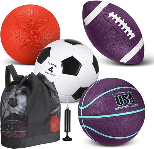 Miniatura 8 de Deekin Juego de 4 pelotas deportivas para niños y adolescentes, incluye tamaño oficial de baloncesto, fútbol, fútbol, patio de recreo, pelota