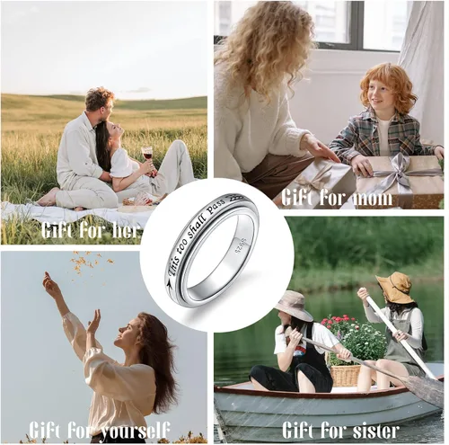 Miniatura 6 de Anillo giratorio de plata de ley 925 para hombres y mujeres, anillos para aliviar la ansiedad y el estrés y TDAH, anillos para autismo con mensaje