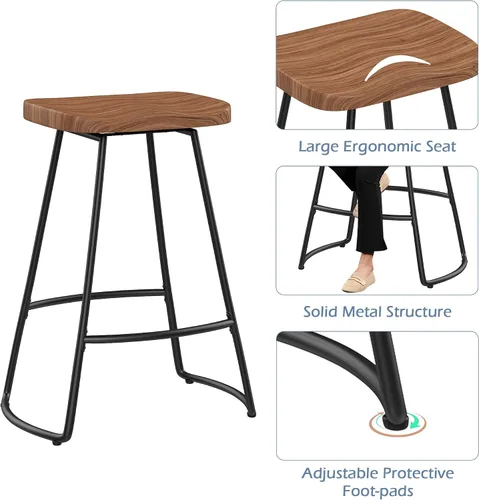 Miniatura 4 de Juego de 4 taburetes de bar industriales de metal negro con parte superior de madera, 24 pulgadas