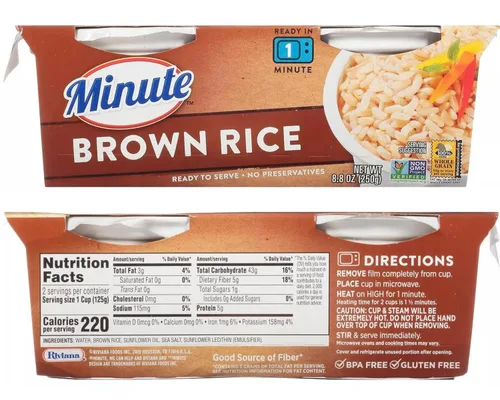 Miniatura 2 de Paquete de arroz integral instantáneo. Incluye dos paquetes de 8.8 onzas de arroz integral minuto listo para servir. Cada uno tiene 2 tazas de arroz