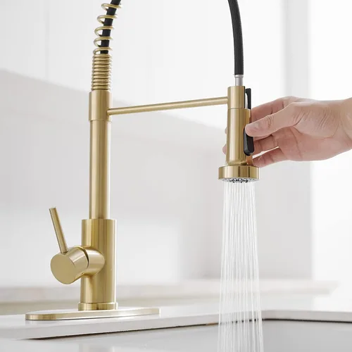 Miniatura 5 de VOTON Grifos de Cocina con Rociador Extraíble, Grifo de Fregadero Comercial de Primavera, Acero Inoxidable, Dorado Cepillado, Grifo Abatible de Una