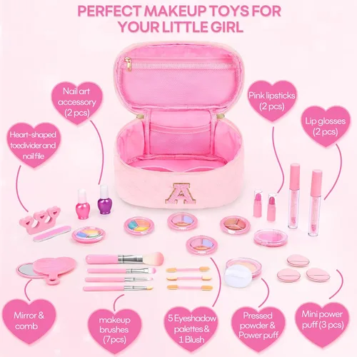 Miniatura 6 de Juego de maquillaje lavable para niñas de 29 piezas - Juego de juguetes de maquillaje real no tóxico con bolsa de cosméticos con letras - Regalos