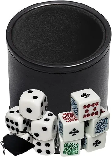 Cyber-Deals Juego de dados de cuero sintético negro con forro de fieltro negro con póker blanco (Clubs Ace) y dados de pip en bolsa de