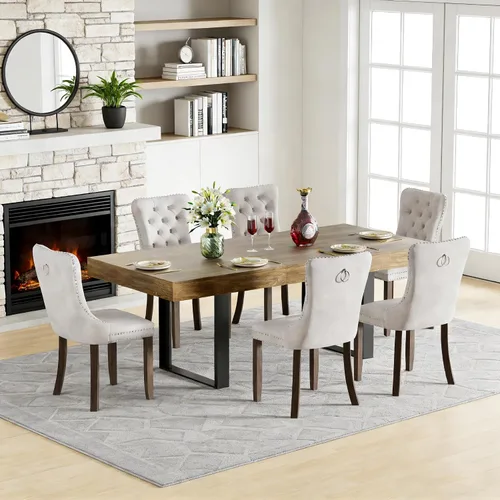Miniatura 35 de Juego de mesa de comedor extensible de 5 piezas para 4, mesa de cocina de madera marrón de 63-78.7 pulgadas con 4 sillas acolchadas beige, juego