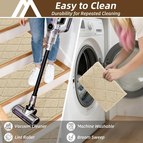 Miniatura 26 de COSY HOMEER - Alfombra antideslizante para escaleras, para interiores y escalones de madera, para niños y perros, 100 % poliéster, base de Beige