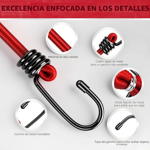 Miniatura 4 de 5 cuerdas elásticas de 24 pulgadas con ganchos de mosquetón, correas elásticas de goma resistentes, cuerda elástica con clips de mosquetón