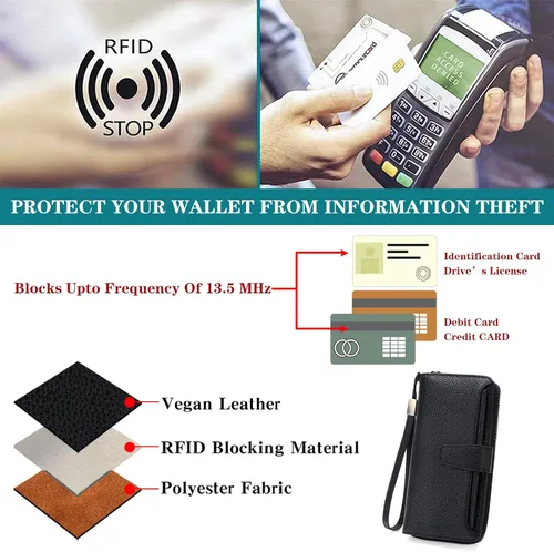 Miniatura 4 de GOIACII Cartera para mujer de gran capacidad con bloqueo RFID para mujer, tarjetero de embrague para teléfono, cartera larga de viaje, A03 negro