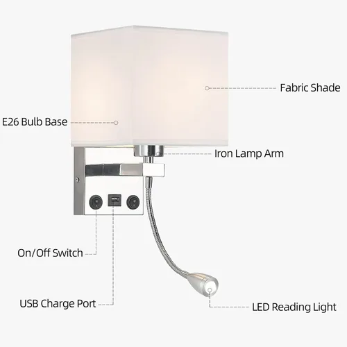 Miniatura 4 de Apliques de pared con cableado moderno para dormitorio con puerto USB y lámpara de lectura, lámparas de pared de noche para hotel, sala de estar