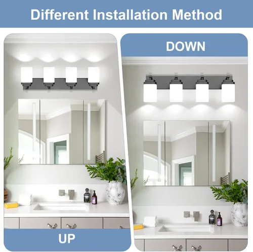 Miniatura 5 de Lámparas de baño de oro cepillado, 4 luces de baño sobre el espejo, diseño cuadrado y placa trasera grande rectangular, accesorios de iluminación