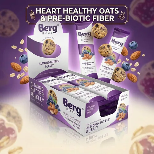 Miniatura 4 de Berg Bites Bocaditos de mantequilla de almendras y gelatina a base de plantas, vegano, sin gluten, 0.18 onzas de proteína, 0.18 onzas de fibra, caja