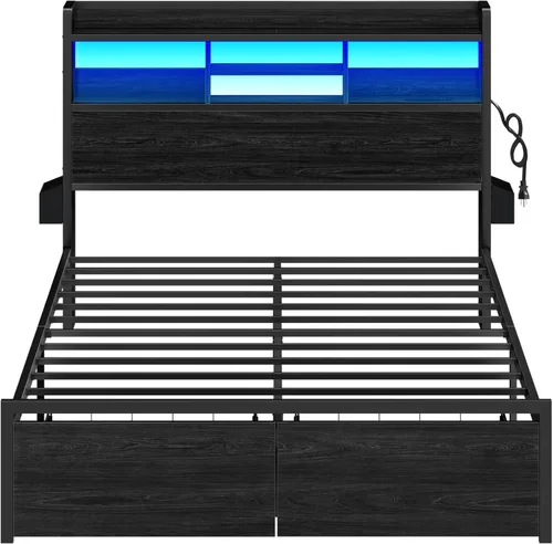 Miniatura 9 de Furnulem Base de cama Queen con cabecera de madera y estante de almacenamiento, marco de cama de plataforma de metal tamaño Queen con cajones